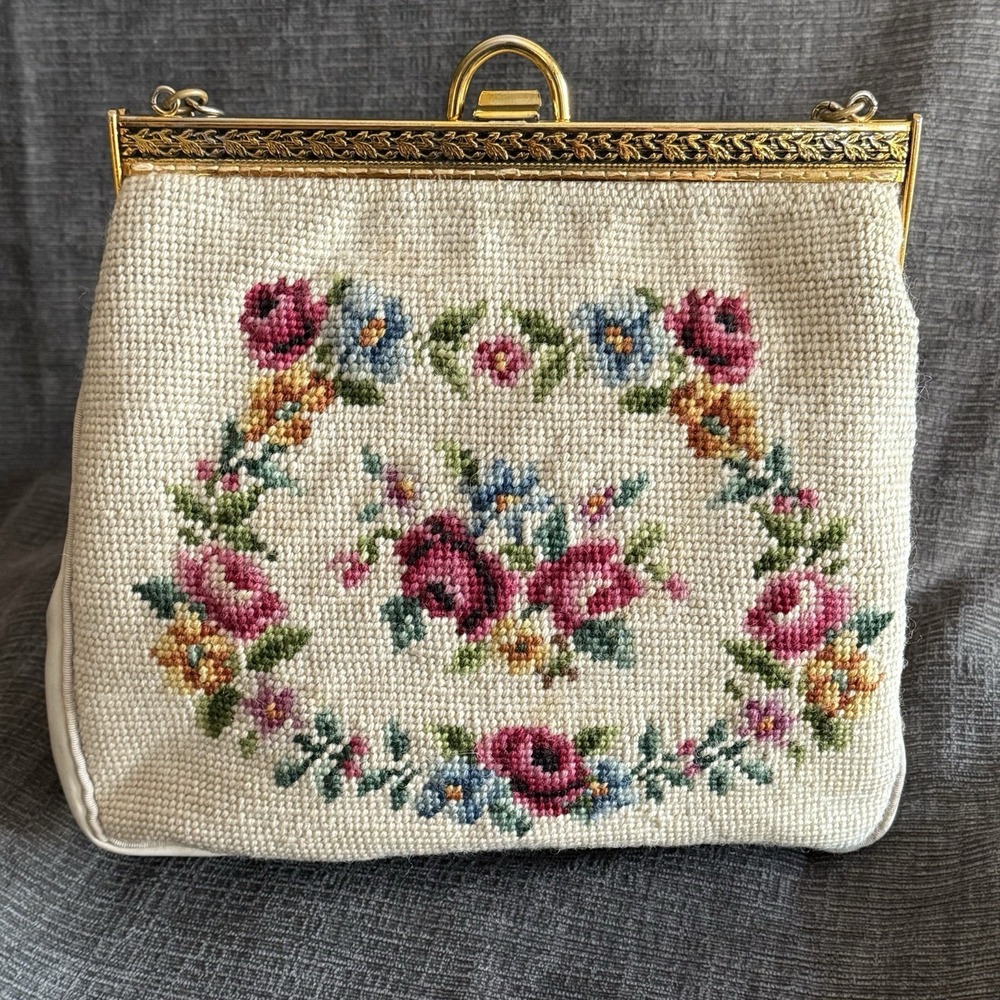 VTG  1930s Petit Point Needlepoint Tapestry Floral Purse Handbag Metal Strap GUC - Picture 4 of 16